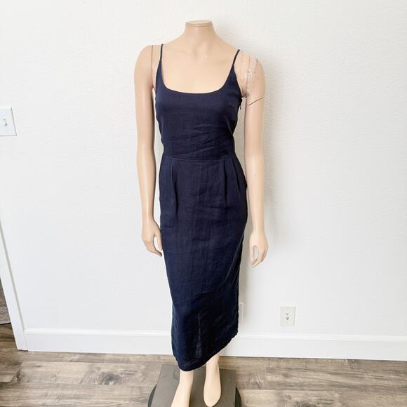 [Quince] Deep Navy 100% European Linen Scoop Neck Midi Dress NWT Size Medium M - Picture 2 of 10